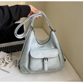 Light blue large capacity hobo bag in soft synthetic leather with adjustable shoulder strap - Blue