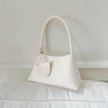 Elegant white woven leather underarm bag with matching handle and decorative charm - White