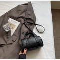 Elegant black crocodile texture Boston bag with gold hardware and adjustable strap - Black