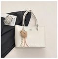 White faux leather tote bag with crocodile texture and cute brown plush bear charm - White
