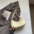 French style creamy yellow leather baguette bag with adjustable shoulder strap and glossy finish - Yellow Without Pendant