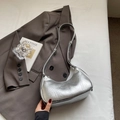 Metallic silver crescent underarm bag with pleated texture and adjustable strap - Silver No Pendant