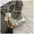 Silver metallic leather hobo bag with knotted rope strap and pink heart charm - Silver with Charm
