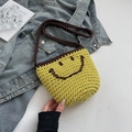 Borsa a secchiello in maglia gialla kawaii con motivo sorriso marrone e tracolla - Giallo
