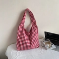 Rote und weiße Gingham-Leinentasche für Damen mit langen Griffen im Casual-Stil - Rot