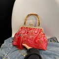 Borsa ricamata in broccato rosso con manico in bambù e nappa di seta in stile retrò - Rosso