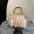Vintage beige paisley jacquard bag with bamboo handle and white tassel charm - Silver