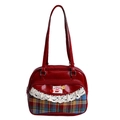 Retro red bowling bag with white lace trim, plaid patchwork and cherry patch detail - Red