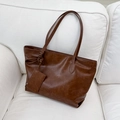 Minimalist brown faux leather large tote bag for women featuring vintage knotted charm - Brown