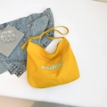 Grande borsa tote minimalista in tela giallo zenzero con ricamo blu chiaro - Giallo