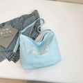 Light blue canvas tote bag with malivi print, spacious casual shoulder bag for students - Light Blue