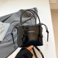 Elegant black glossy bucket handbag with Fashion and Bags print and drawstring detail - Black
