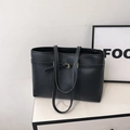 Large black tote bag in lychee pattern leather with elegant gold buckle and shoulder strap - Black