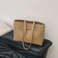 Large khaki tote bag for women with litchi grain leather texture and buckle strap - Camel
