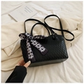 Elegant black ripple texture tote bag with plaid ribbon and detachable shoulder strap - Black