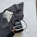 Mini sac à dos en cuir verni noir avec dentelle et détails de nœuds élégants - Noir sans Pendentif