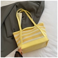 Yellow and white striped woven tote bag with faux leather straps for summer casual style - Yellow
