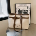 Large capacity off-white lychee grain leather tote bag with brown straps for commuting - Off White
