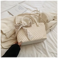 Chic cream-colored pleated tote bag for women featuring a stylish plaid ribbon scarf - White