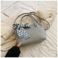 Grey tote bag with wavy embossed texture and blue plaid bow silk scarf decoration - Gray