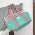 Mint green and pink mesh swim tote bag with large capacity and portable top handle - Green