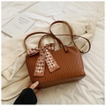 Brown wave textured tote bag for women with decorative plaid bow scarf detail - Brown