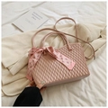 Pink pleated tote bag with checkered silk scarf and detachable shoulder strap - Pink