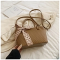 Deep camel wavy pleated tote bag with checked bow scarf and adjustable strap - Khaki