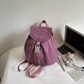 Detail view of large capacity purple plaid backpack with drawstring closure and pockets - Purple