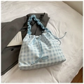 Blue checkered tote bag with scrunchie shoulder strap and drawstring closure - Blue Without Charm