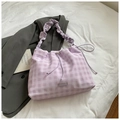 Light purple plaid drawstring shoulder bag with a ruffled handle on a casual white fabric - Purple Without Pendant