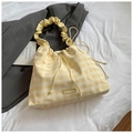 Yellow checkered drawstring tote bag with unique ruched handle and leather patch detail - Yellow Without Pendant