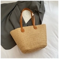 Stroh-Shopper mit braunen Ledergriffen und weißen Nähten für Sommer und Strandurlaub - Ohne Spitzenschal / Khaki