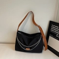 Black large capacity nylon tote bag with brown straps and double silver chains - Black