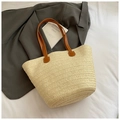 Beigefarbene große Strandtasche aus Stroh mit braunen Ledergriffen für den Sommer - Ohne Spitzenschal / Beige