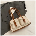 Bolso de hombro chic en lona beige y cuero marrón con dos bolsillos de solapa - Marrón Sin Colgante