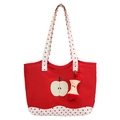 Red canvas tote bag with polka dot trim and a cute apple shaped plush charm - Red with Pendant