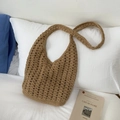 Handmade khaki woven cotton crochet tote bag with hollow pattern for beach vacations - Khaki