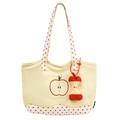 Cream canvas tote bag with red polka dots, apple pattern, and plush apple charm - Yellow with Pendant