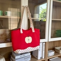 Red canvas tote bag with apple embroidery and red and white polka dot handles - Red (No Pendant)