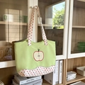 Light green canvas tote bag with apple embroidery and red polka dot pattern trim - Green Without Pendant