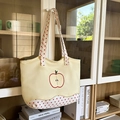Beige tote bag with red apple embroidery and polka dot patterns on a wooden handle - Yellow Without Pendant