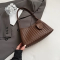 Deep brown hand-woven leather hobo shoulder bag with classic woven texture and strap - Brown