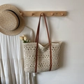 Hollow straw tote bag in beige with brown leather straps for beach holidays - Off-white