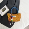 Handwoven straw tote with blue denim handles and yellow star charm for summer beach vacation - Khaki (With Charm)