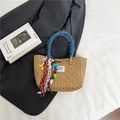 Handwoven straw tote bag with blue denim handles and colorful fashion charms - Natural (With Charms)