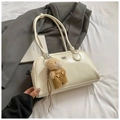 Minimalist cream white tote bag with cute teddy bear charm and silver metal logo - White With Pendant