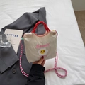 Secchiello giapponese in tela crema con ricamo kawaii rosa e manici rossi - Bianco Sporco