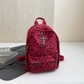 Pink leopard print backpack with metallic cross pendant and rings for punk style - Red Leopard