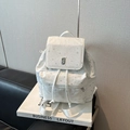 White casual backpack for women with silver star patterns and metal g buckle detail - White (Without Charm)